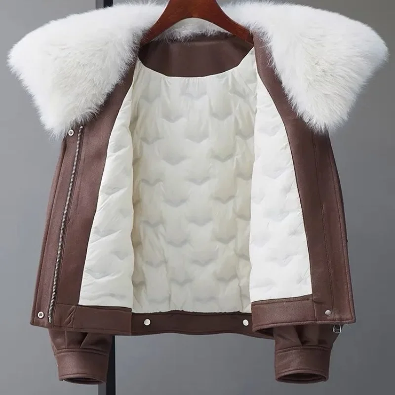 Chaquetas de plumón para mujer, abrigo de pato blanco con cuello de piel de zorro auténtica, Parkas cortas y cálidas con cremallera, chaqueta acolchada informal, novedad de 2024