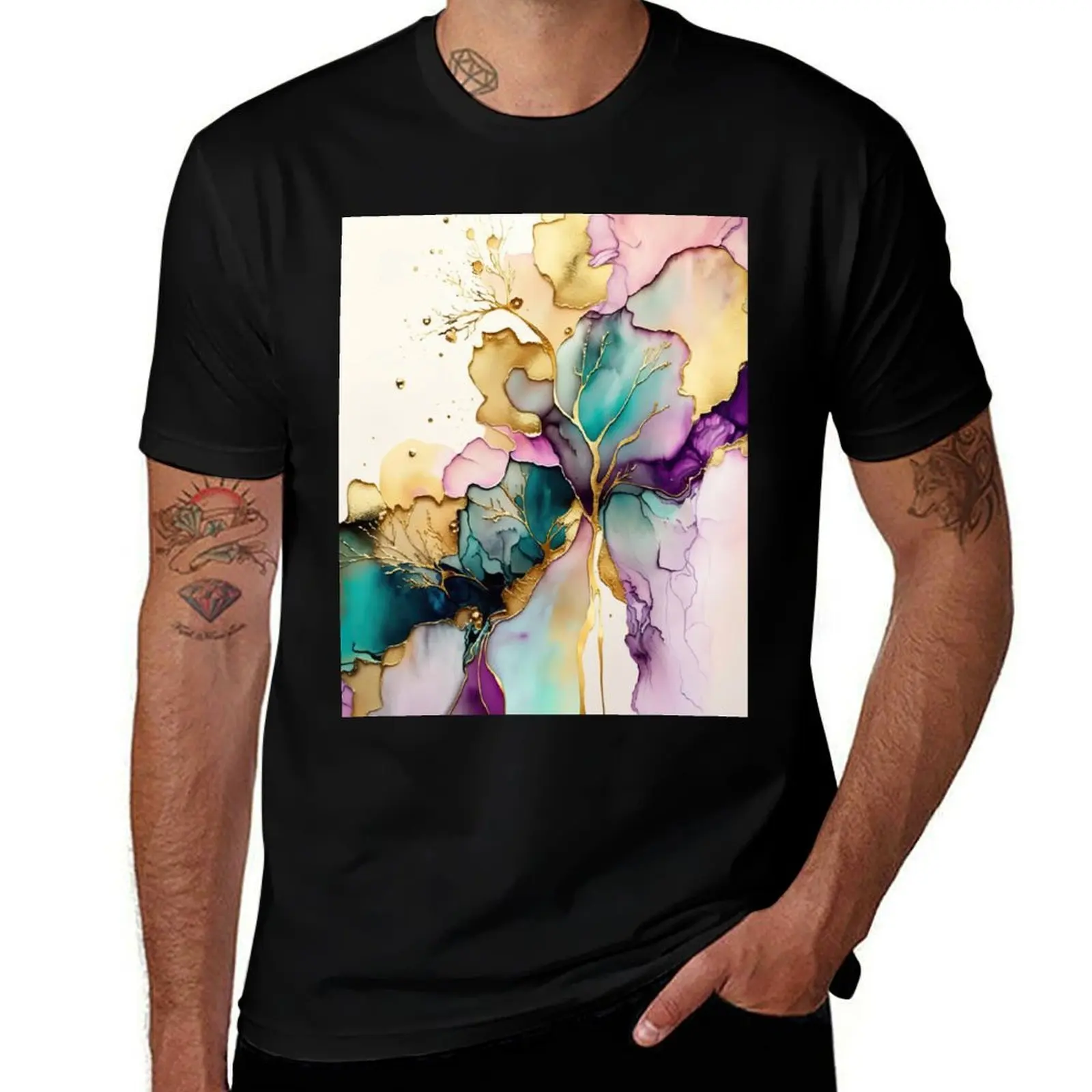 

Gold Indigo Blue and Green Faux Liquid Paint T-Shirt essential t shirt shirts graphic tees men clothing