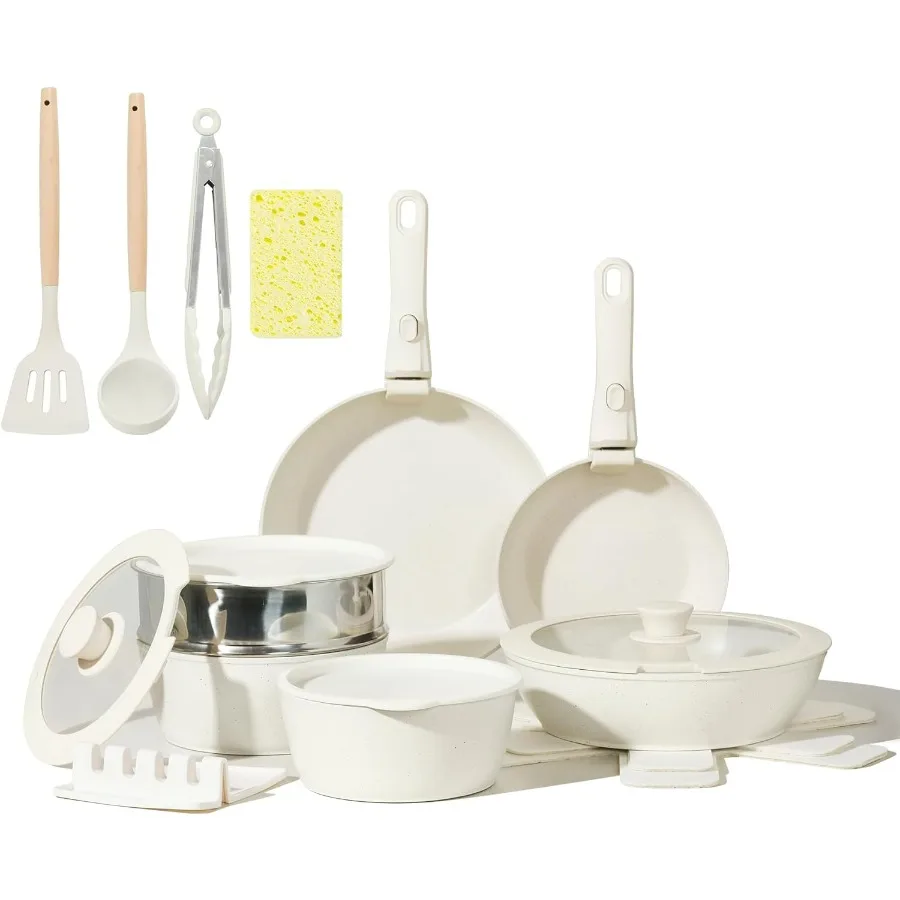 

Nonstick Ceramic Cookware Set 21PCS with Detachable Handle Pans and Pots for Compact RV Kitchen Use Oven Safe and Induction Rea