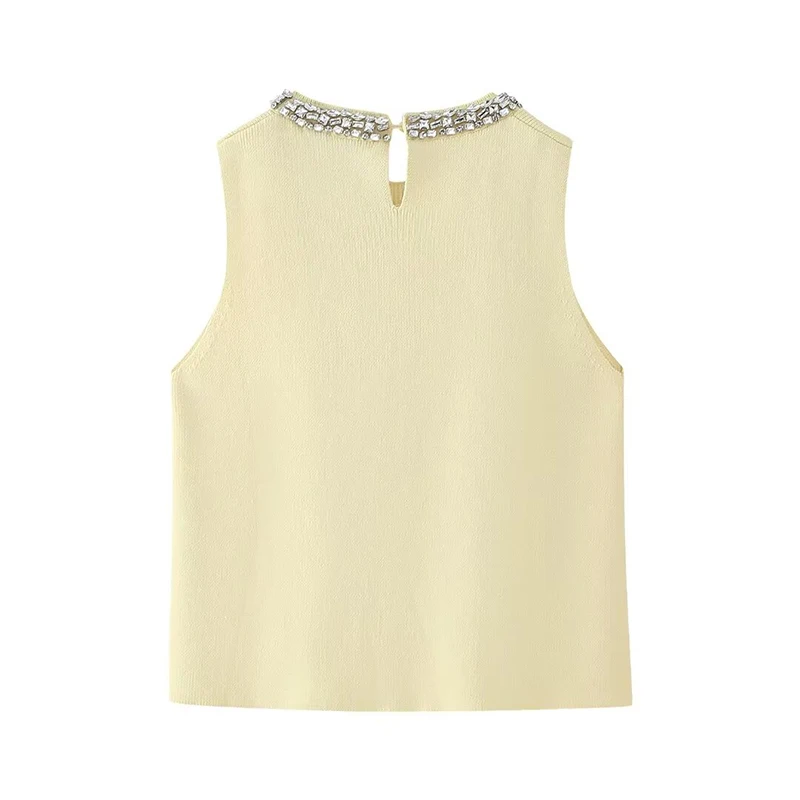 Willshela Women Fashion With Diamonds Yellow Knitted Pullover Vest Vintage O-Neck Sleeveless Female Chic Lady Tank Tops