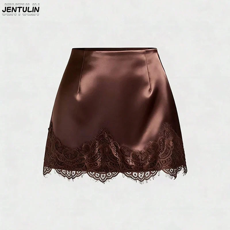 Fashionable Elegant Y2k Skirt Daily Commuting With Sense Luxury Lace Patchwork Satin Skirt With High Waist Hip Hugging Skirt