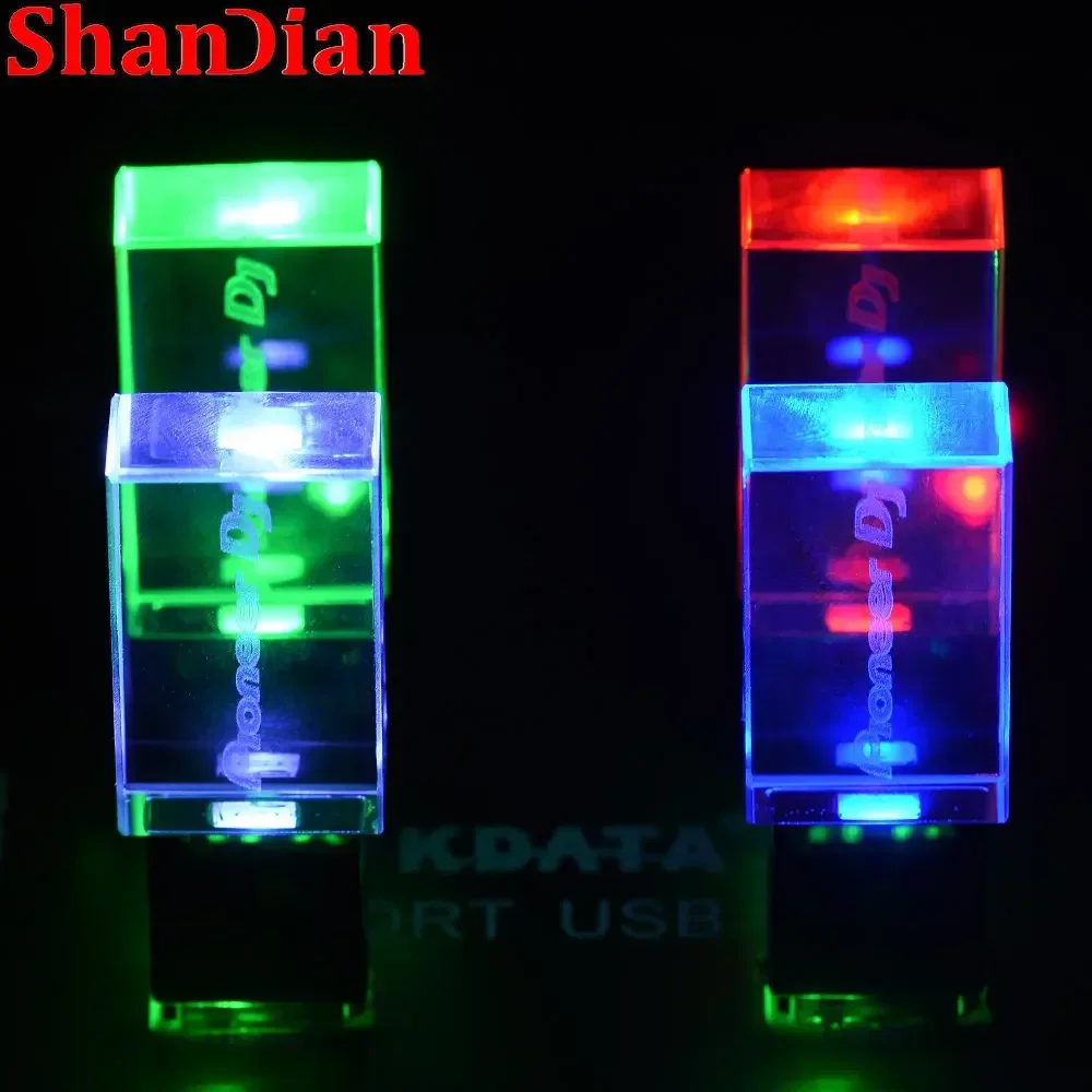 SHANDIAN Color LED Crystal USB Flash Drive 64GB 32GB Creative Comes with Logo Pen Drive Photography Birthday Gift Memory Stick