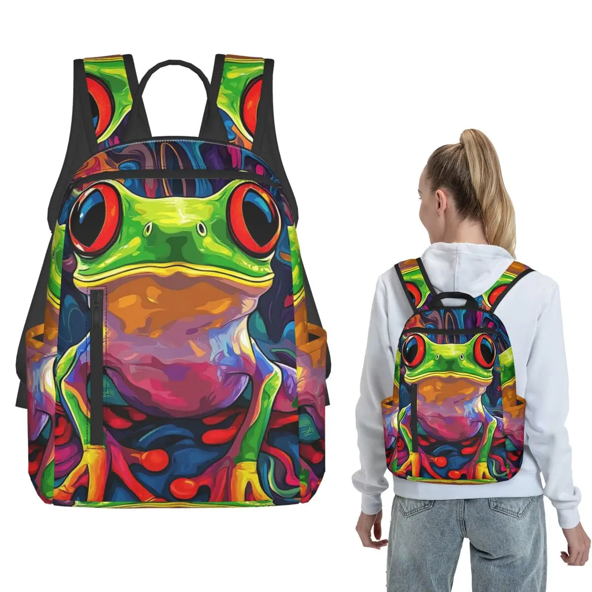 

Vibrant Colorful Graffiti Frog Print Backpack Daypack Children BookBag School Bag Shoulder Bags for Men Women