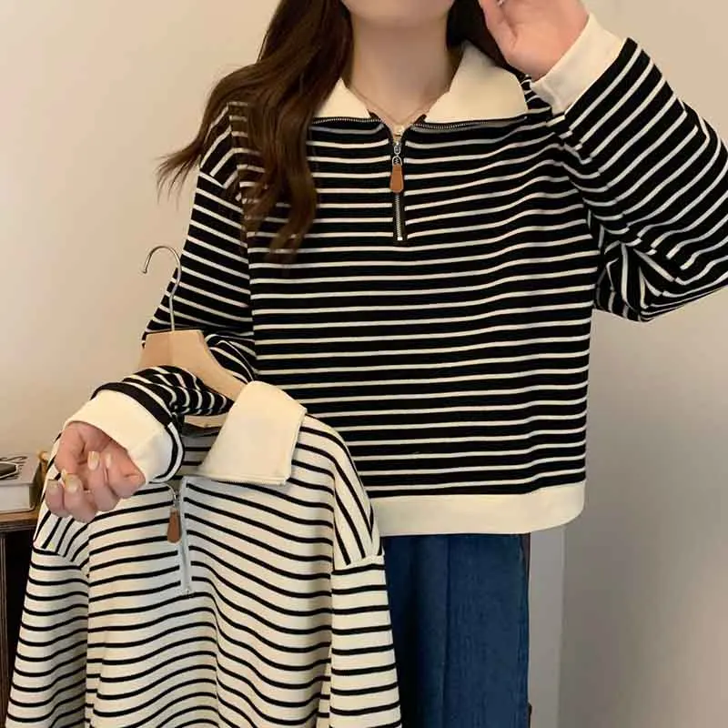 

Autumn Stripe Zipper Pullover Women Fashion Loose Simple Soft Turndown Collar Long Sleeve Top Korean Preppy All Match Sweatshirt