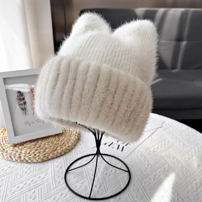 قبعة شتوية فاخرة للنساء من الصوف المحبوك الدافئ مع حواف من فرو المنك الحقيقي، بيع المصنع مباشرة للسفر