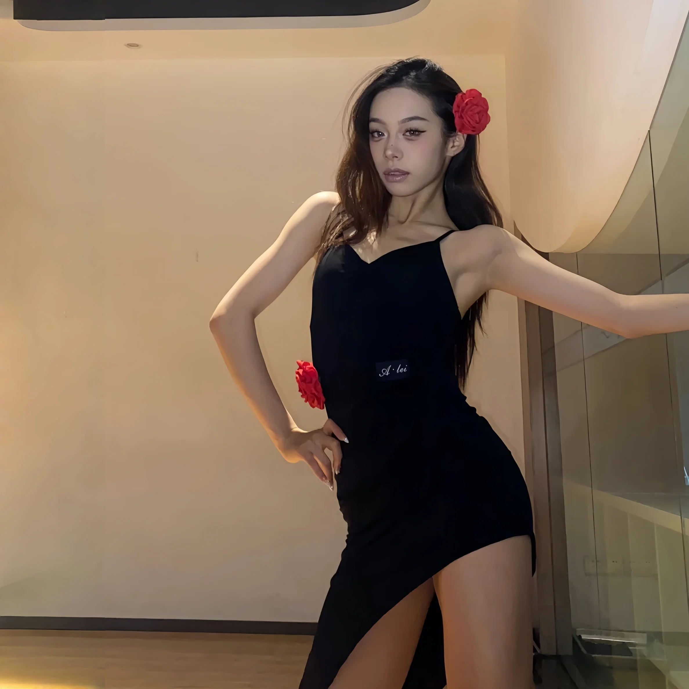 Women Strap V-neck Irregular Flower Dress Latin Dance Dress Performance Costumes Female Chacha Tango Latin Dance Clothes DN21056