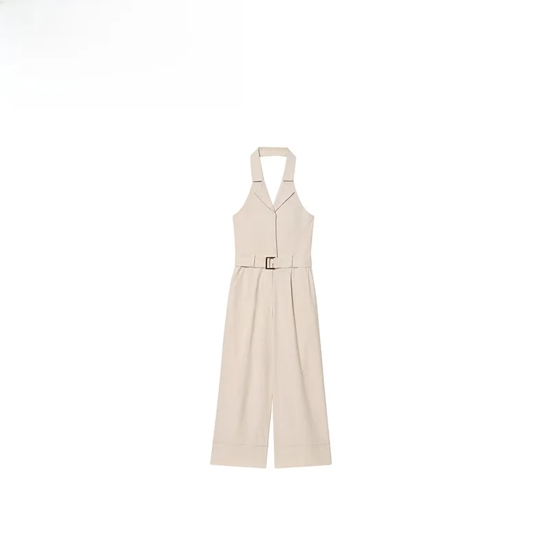 

ZBZA Spring New Women's Faion Design Long One-Piece Suit Linen Collar Hanging Ne Ladies High Waist Straight Leg Trousers