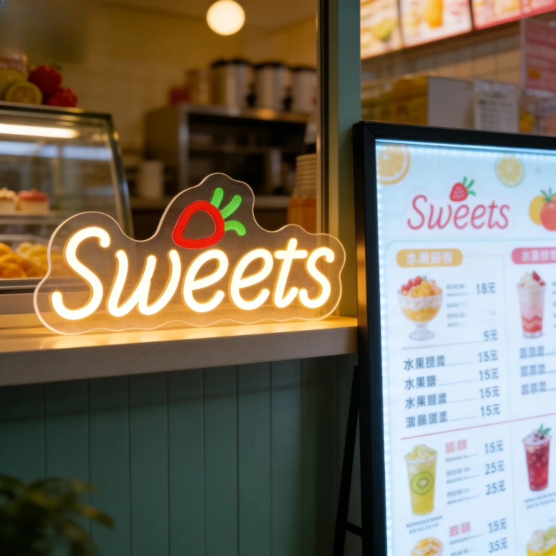 Strawberry Sweets Neon Sign LED Night Light 3D Dessert Cafe Bakery Decoration Fruit Theme Room Aesthetic Wall Art Desk Lamp Gift