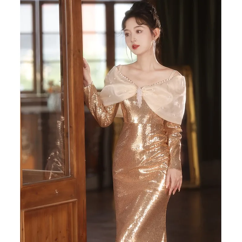 banquet Light luxury niche bar mitzvah host gold fishtail dress