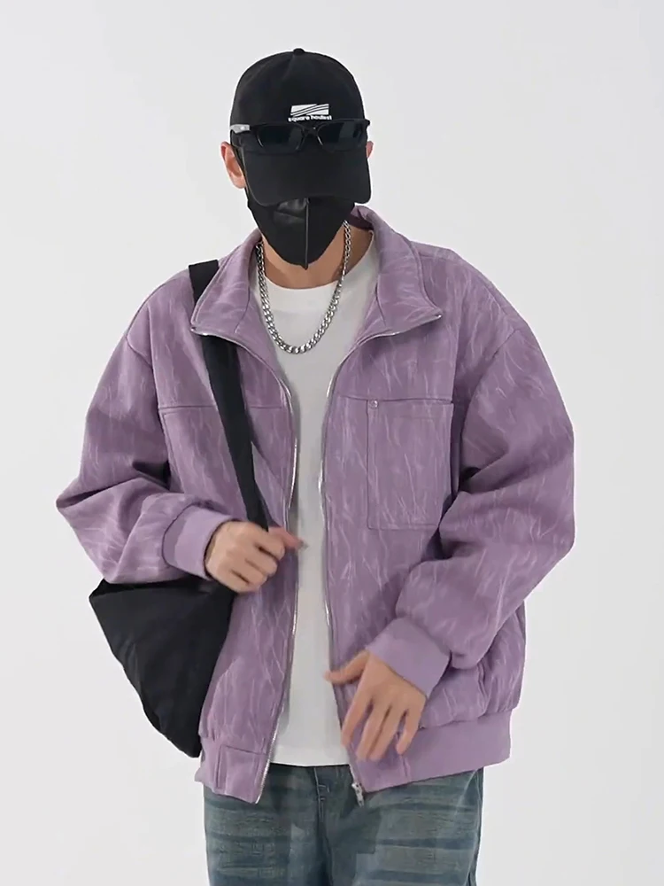 

Фиолетовая американская куртка-бомбер с заклепками для мужчин, осенняя, в стиле Cleanfit, с отложным воротником, в бейсбольном стиле