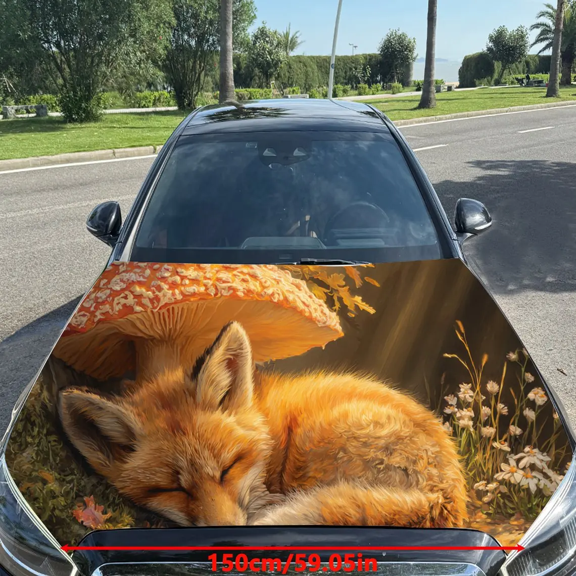 Mushroom, Red Fox, Autumn Maple Leaf PVC Car Engine Hood Vinyl Wraps, Self-Adhesive Waterproof Car Hood Decal Sticker, Car Decor