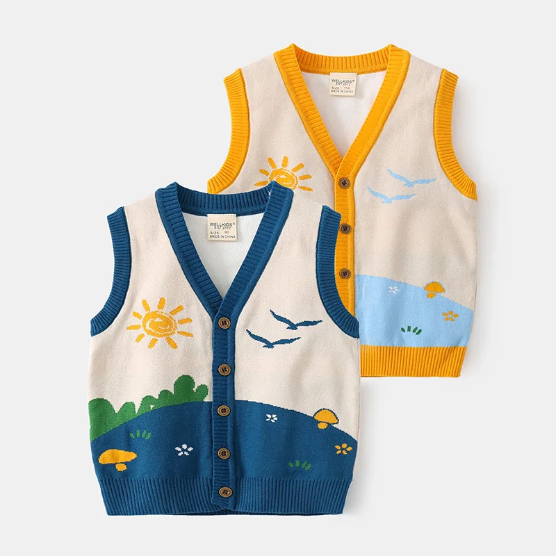 Boys' Fashion Cartoon Print Color-Block V-Neck Knitted Vest Spring Autumn Sleeveless Cardigan Sweater Top for Kids, Ages 2-7