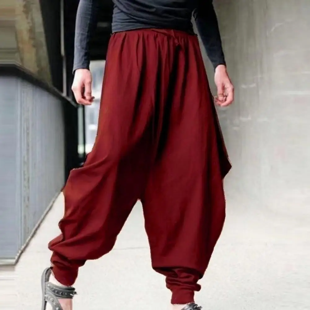 

Solid Color Pants Comfortable Loose Fit Pants Retro Style Men's Loose-fit Harem Pants Elastic Waist Solid Color for Casual