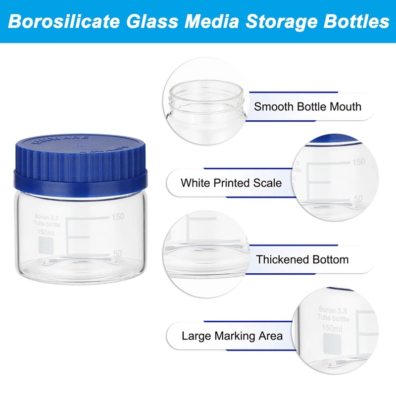 4 Pack Reagent Media Storage Bottles, Borosilicate Glass Wide Mouth Graduated Round Bottles With GL32 Screw Cap