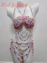 RJ Fashion Sexy Metal Neck Body Chain Pastel Pink Purple Beads Top&Belly Masquerade Stage Party Body Jewelry Accessories