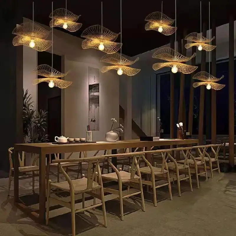 Bamboo woven  Wicker Chandeliers Natural Rattan Shade Cap Pendant lights Chinese Country style Hanging Kitchen livingroom Lamp