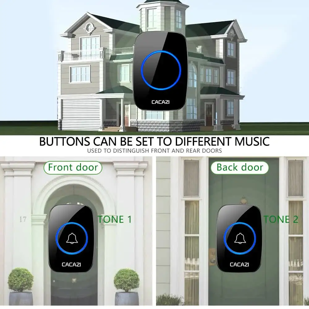 CACAZI A10 Waterproof Wireless Doorbell 0~110DB 300M Range LED Night Light Home Call Bell US EU Plug Or Batteries(A10AC/A10DC)