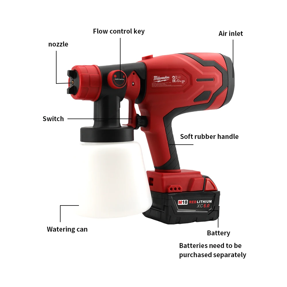 Milwaukee Electric Spray Gun Cordless Paint Sprayer Auto Furniture Steel Coating Airbrush Compatible Red Electric Spray 800ML