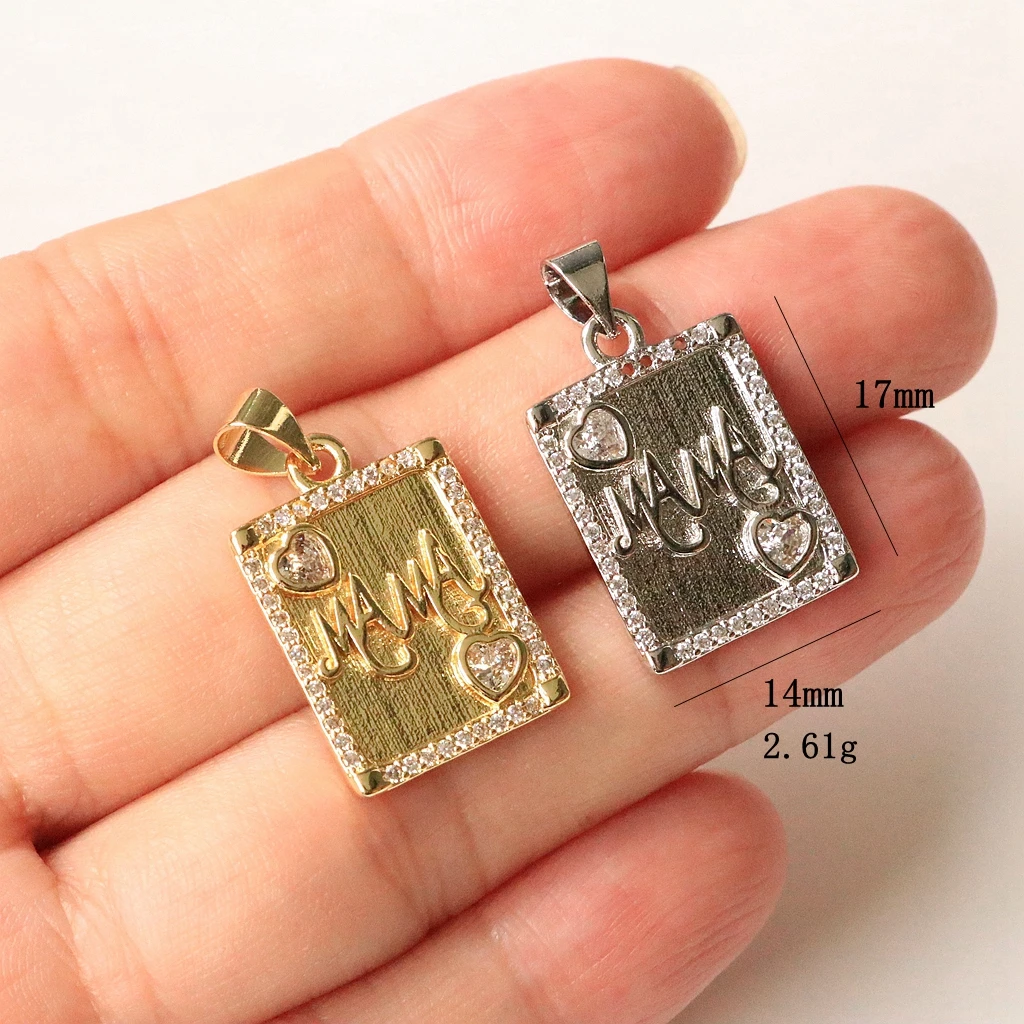 

4Pcs/Brass Charms Gold/silver Color Mother's Day Rectangle Micro Pave Cubic Zirconia Message "Mom" Pendant DIY Necklace Jewelry