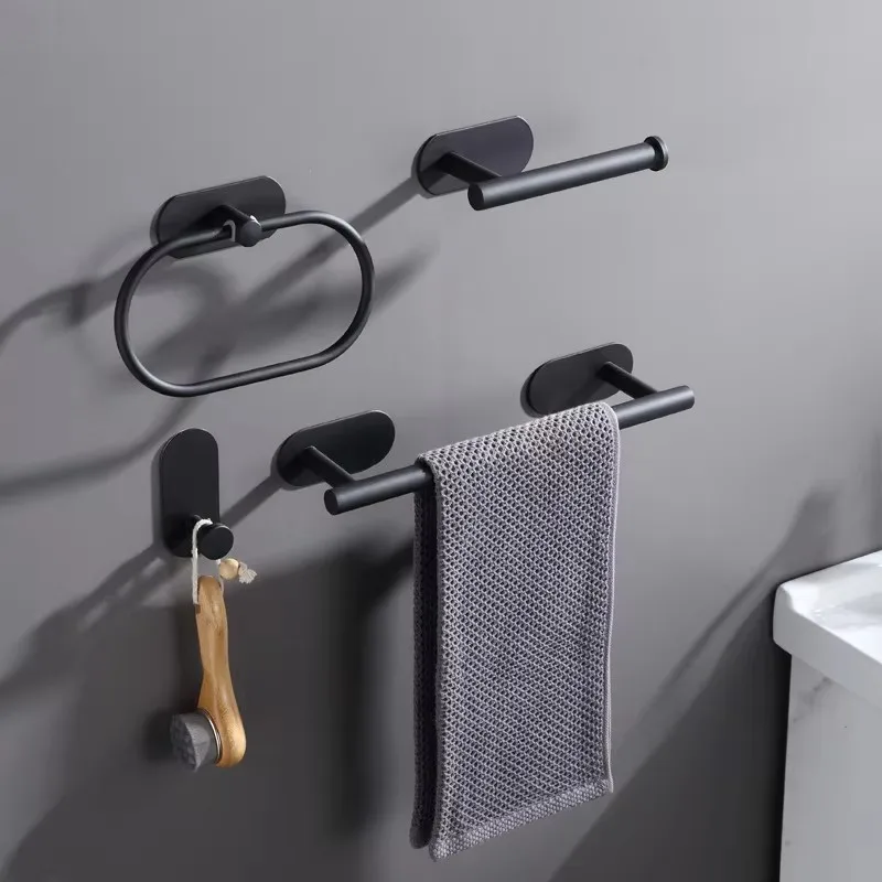 

Stainless Steel Towel Holder Self-adhesive Bathroom Towels Rack Black Washhand Hanger Ring Rail Bar Kitchen Storage Accessories
