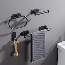Stainless Steel Towel Holder Self-adhesive Bathroom Towels Rack Black Washhand Hanger Ring Rail Bar Kitchen Storage Accessories