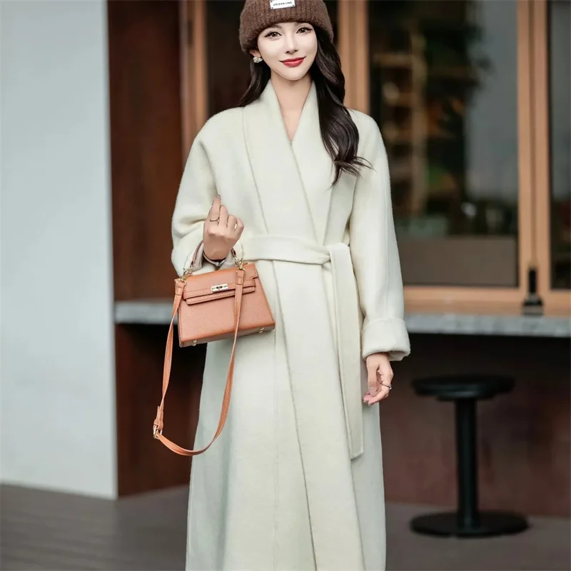 Women Double-Sided 100% Wool Coat Jacket Women Long Beautiful Woolen Winter Autumn Warm Fashion Water Ripple Cloak