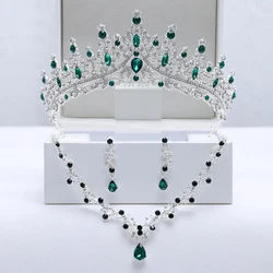 Itacazzo Headwear Full Of Elegant Style Classical Green-color Ladies' Party Crown Necklace Earrings 4 Pcs Set (Without Box)