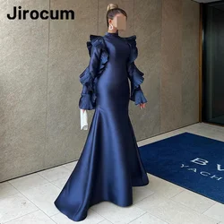 Jirocum-vestido de noche Vintage de sirena azul para mujer, vestido de fiesta de manga larga con volantes y cuello alto, vestidos para ocasiones formales personalizados