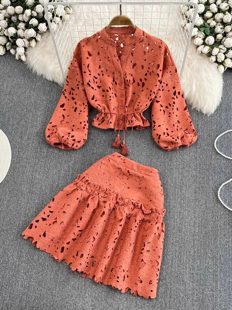

Fashion Vintage Matching Sets Stand Neck Lantern Sleeve Crop Tops High Waist Mini Skirts Hollow Out Solid Color Women's Clothing