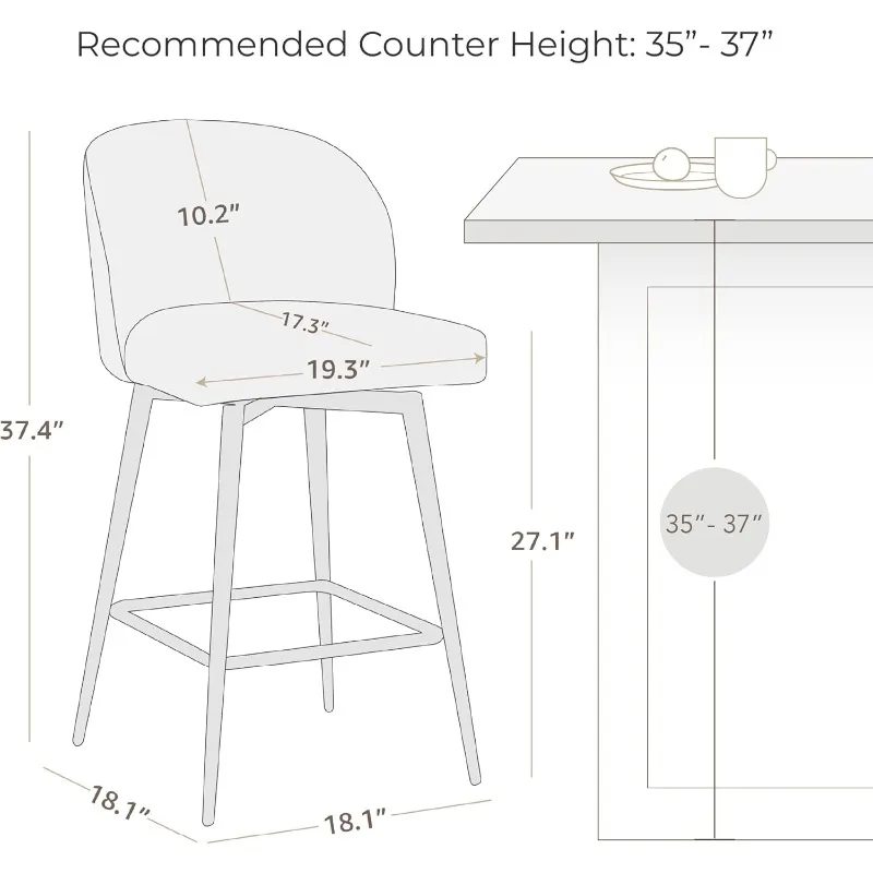 Counter Height Bar Stools Set of 3, 360° Swivel Upholstered Barstools with Backs and Metal Legs, 26