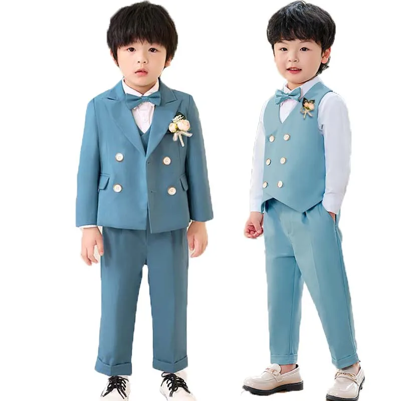 Children Light Blue Photograph Dress Gentleman Kids Birthday Suit Flower Boys Formal Wedding Party Performance Dance Show Wear