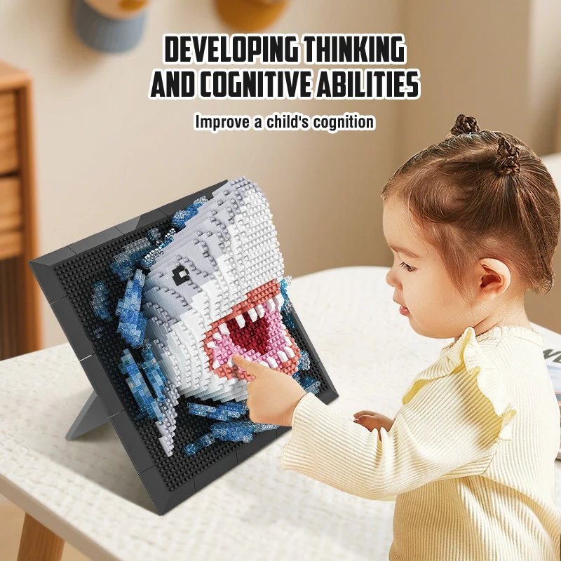 3D القرش رئيس اللبنات الحيوانات جدارية جدار كتلة DIY البناء تجميع جدار ديكور الجدار شنقا الديكور لعبة هدية #5