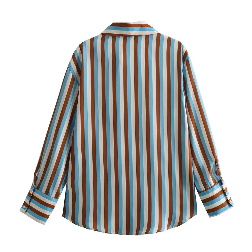 European and American women\'s fashion palace style retro stripes loose casual silk satin texture drape shirt for women