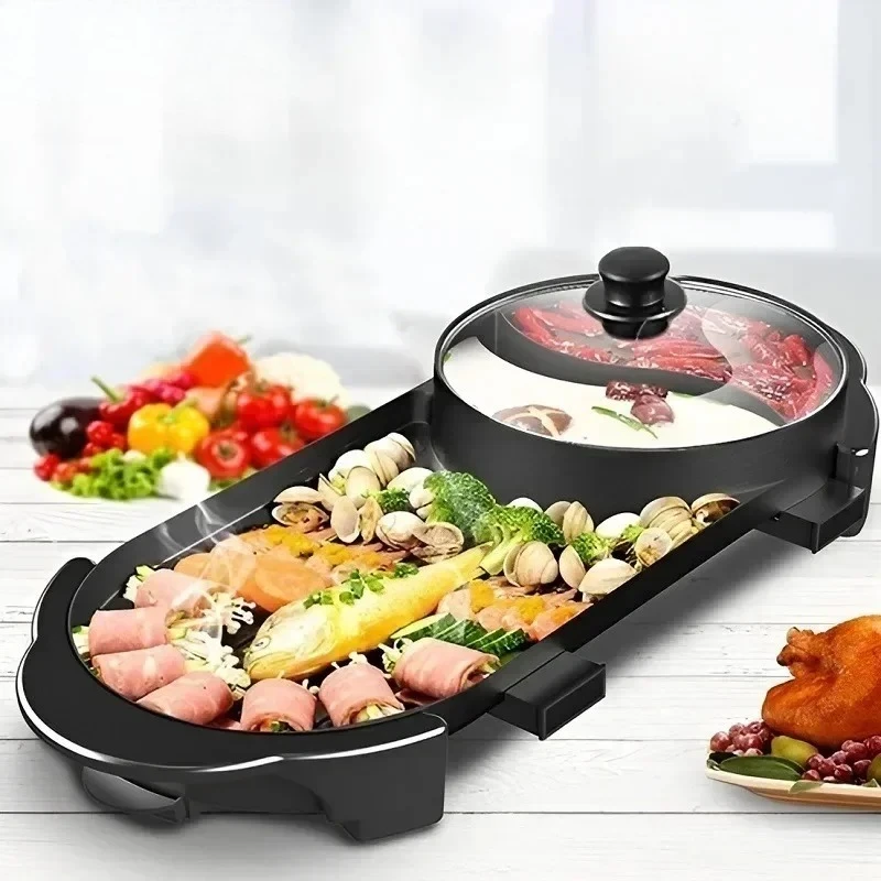 

2200W Electric Barbecue Pot 2-in-1 Hot Pot Barbecue Pot Smoke-free Fast and Uniform Heating Independent