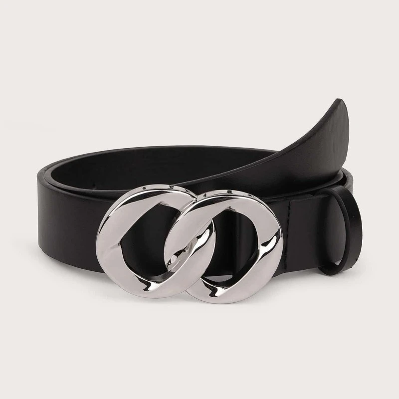 New Double Circle Chain Buckle Basic Style Black Glossy Pu Belt Ladies Cross-Border Hot Selling All-Match Spot Belt