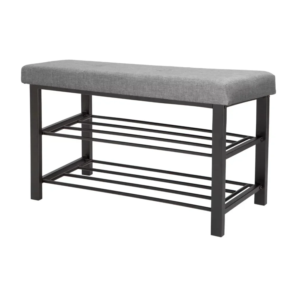 Simplify Entryway Metal Cushioned Bench with 2 Tier 8 Pair Shoe Storage in Grey