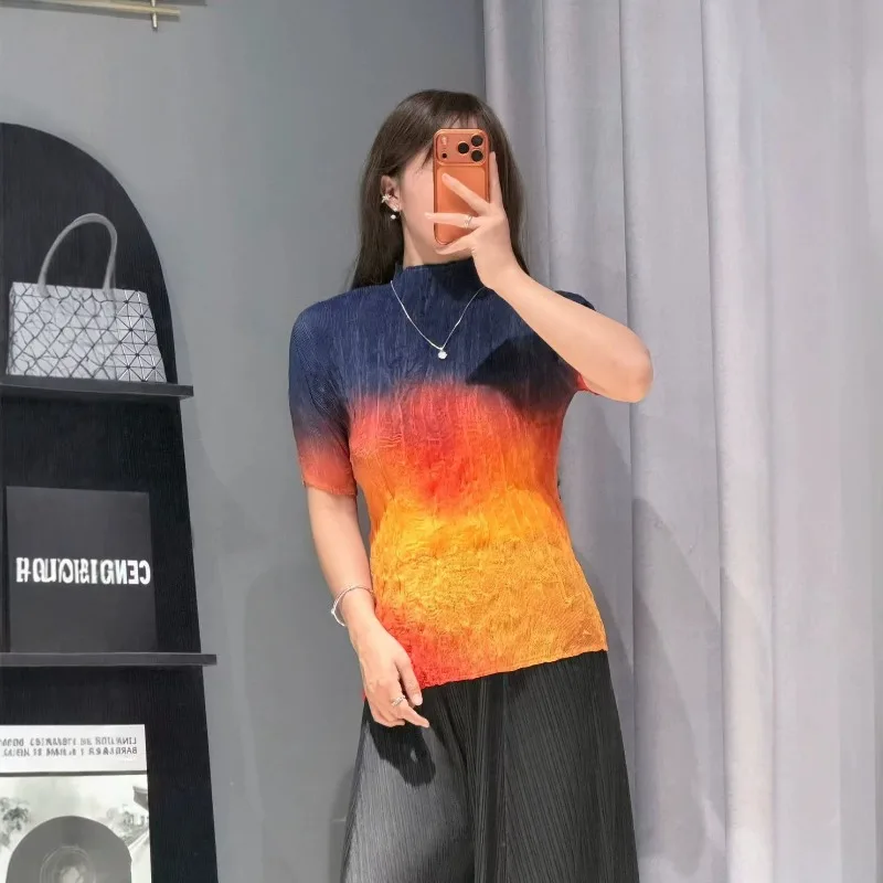 Miyake Pleated 2026 Gradient Tie-Dye Pleated Short Sleeve Top for Women Half High Neck Textured Slim Fit Ink Dye Pleated T-Shirt