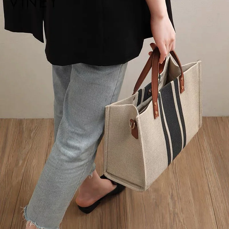 Women\'s Business Bag Tote Stripe Bag Handheld Summer High Capacity Canvas Luggage Outer Crossbody Messager Bag Casual Handbag