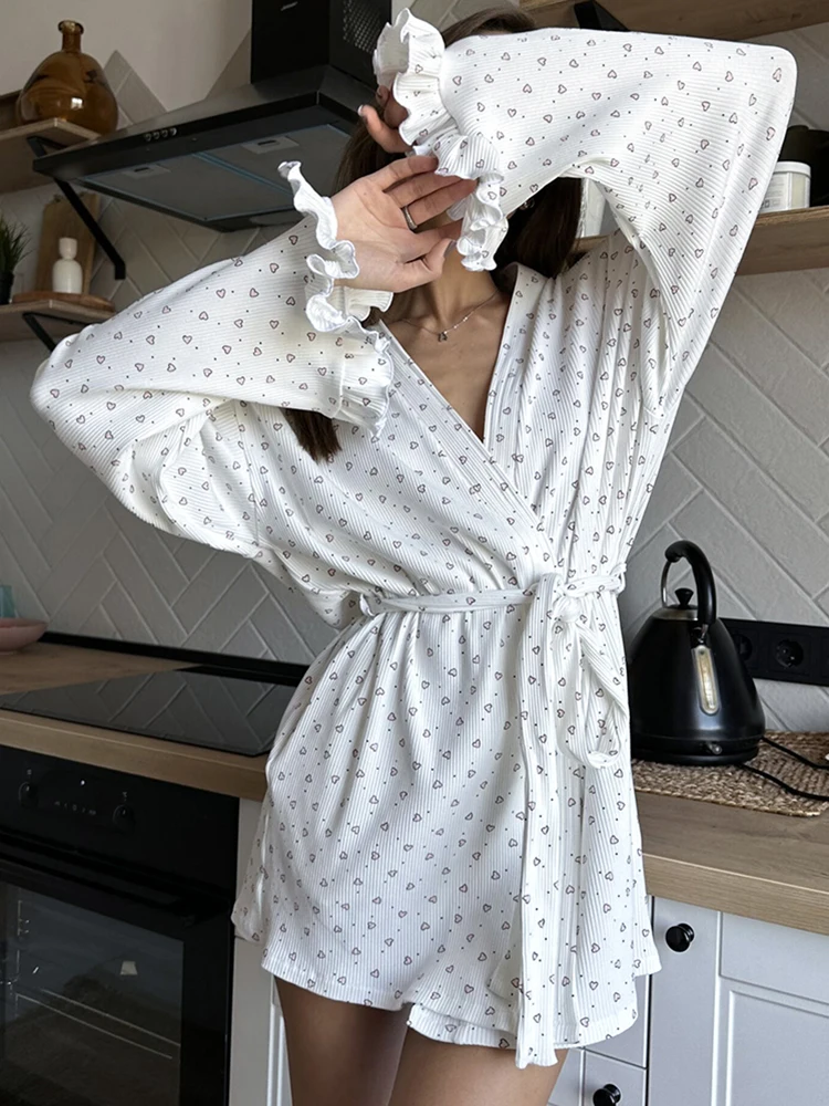 Linad Knitted Robes For Women Casual Long Sleeve Ruffle Sleepwear Sashes Print Bathrobe Female Autumn Fashion Woman Clothes