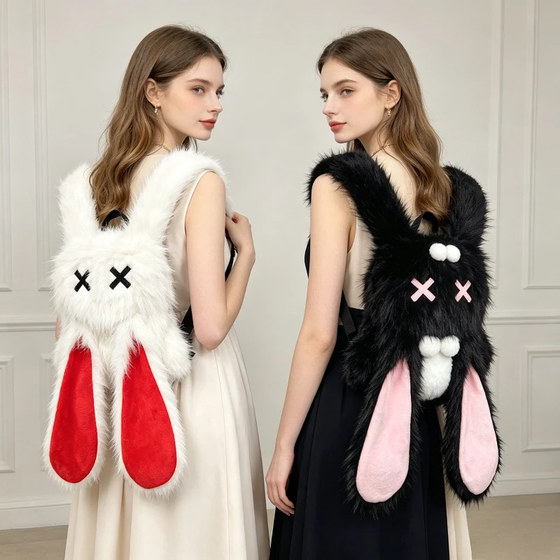 Y2K Punk Plush Bunny Backpack with X Eyes and Long Ears Large Capacity Goth Alt Bag for Women Girls School Travel Cosplay