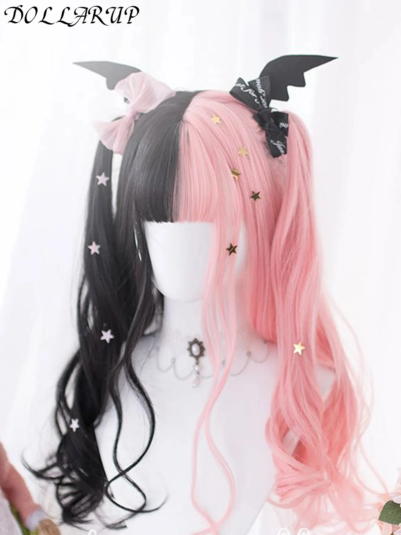 JKL Synthetic Long Curly Wavy Lolita Wig with Bangs Natural Black Purple Pink Multiple Colour Hair for Women Cosplay Anime Wig