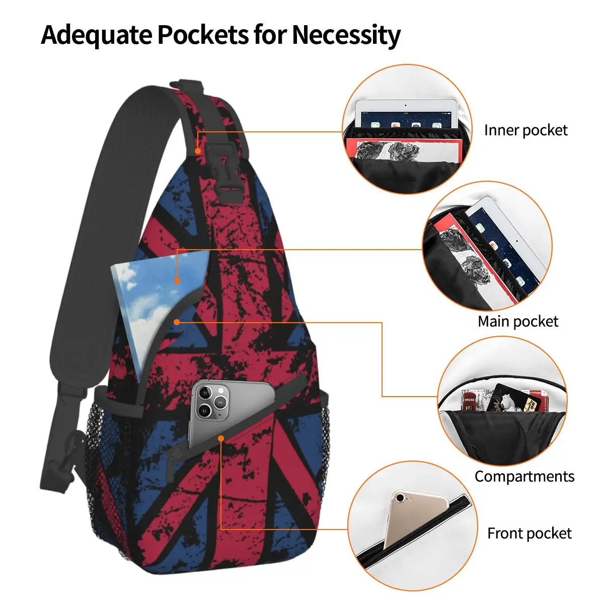 Mochila pequeña con bandera de Union Jack UK para deportes al aire libre, bolso de hombro cruzado en el pecho, mochilas de día Retro, Satchel de moda