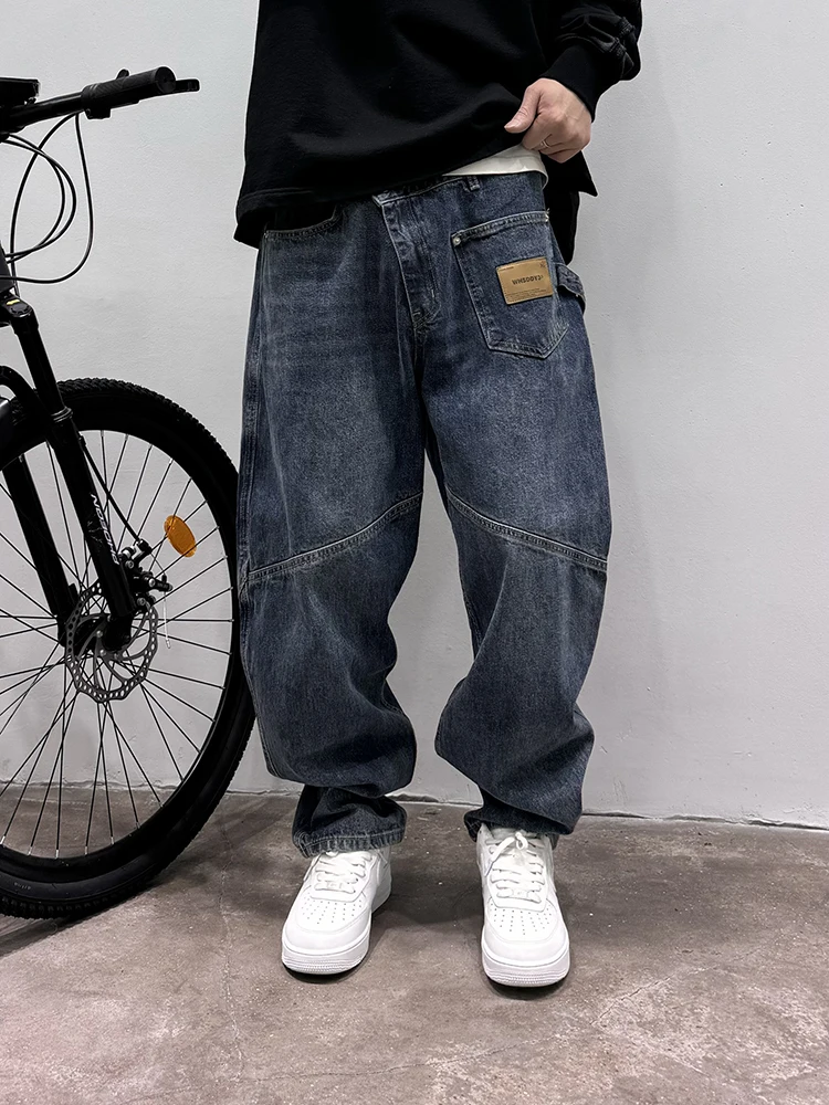 

American Retro Knife Design Loose Fit Straight Leg Men's Jeans Trendy Brand Silhouette Casual Daily Wear Denim Pants