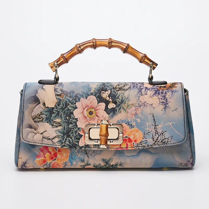 Johnature Cheongsam Leather Handbag 2024 New Vintage Print Women Bag Handmade Elegan Ladies Shoulder & Crossbody Bags