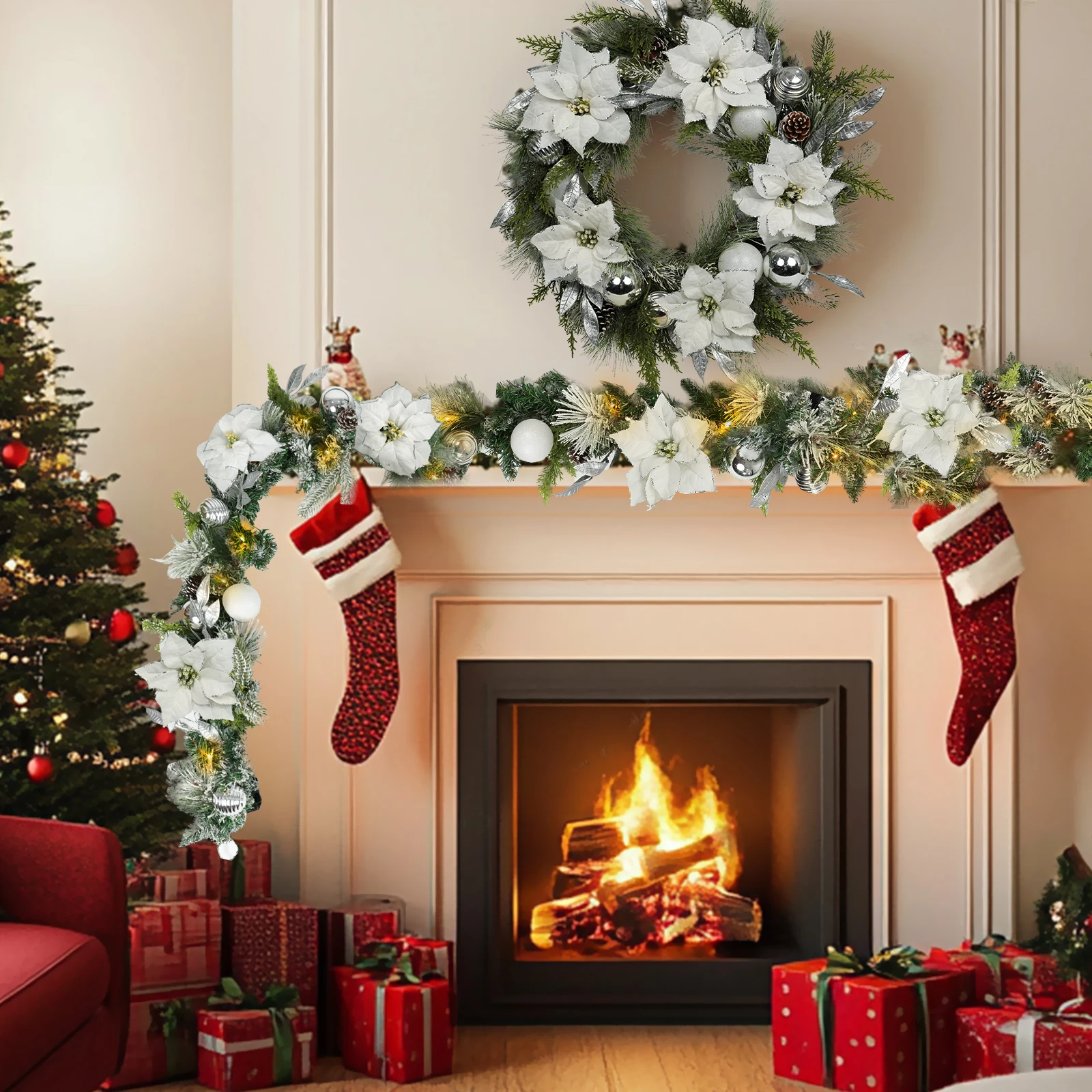 Lighted Christmas Garland for Mantle, Fireplace, Stairs, Garland for Front Door Pre-lit 9 Feet Winter White Silver Poinsettia Garland with 100 LED Lights, Timer Operated In/Out Door Decor - view 7
