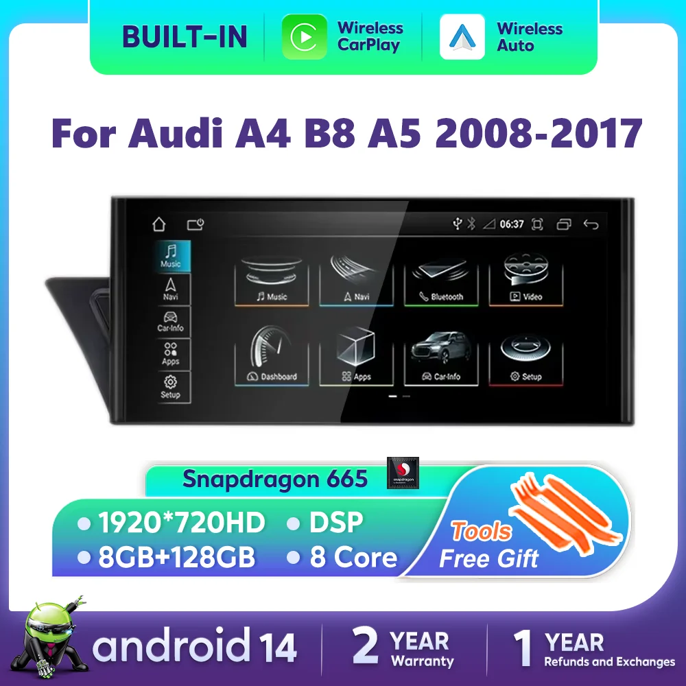 Android 14 Auto Radio CarPlay For Audi A4 B8 A5 2008-2017 MMI 2G 3G Car Multimedia Player Navigation Stereo DSP WiFi 