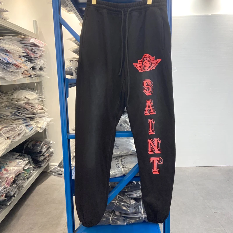 Yellow Red Blue SAINT Angel Print Sweatpants Men Women Black Track Pants High Quality Washed Distressed Loose Jogger Trousers