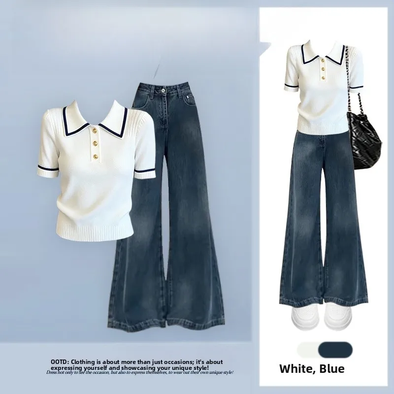 

Summer New Style Slimming Knitted Casual Short Sleeve Top And Straight Leg Jeans Two Piece Set Women's Fashion Ensemble