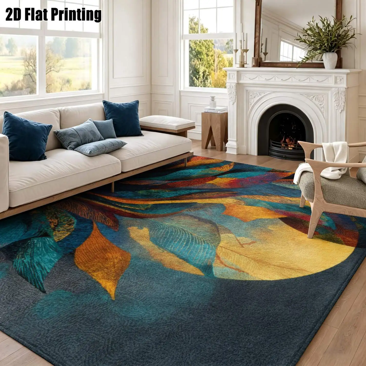 1Pc 2D Printed Abstract Art Carpet: Blue, Yellow, Orange Nordic/Instagram/Modern/European/Vintage Style, Multi-Size, Machine Washable, for Entrance, Dining, Foyer, Living Room, Bedroom Home Decor