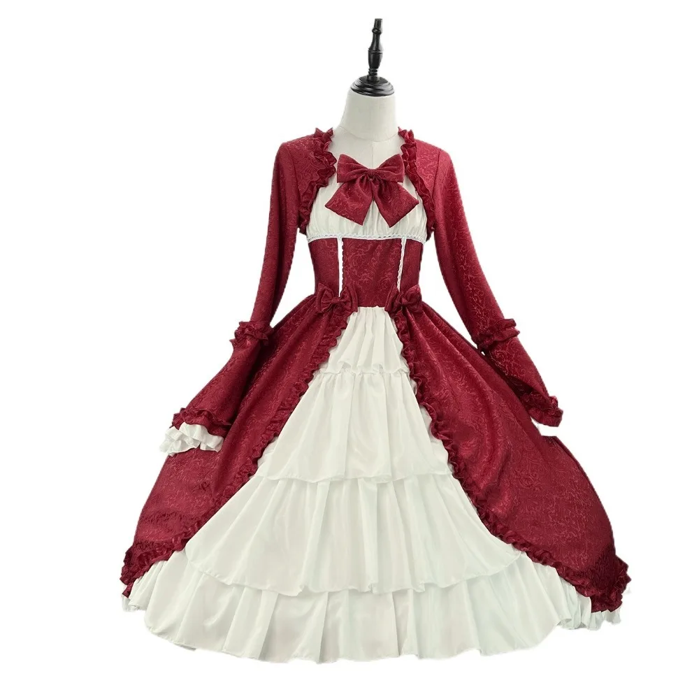 Retro Square Neck Court Lolita Dress Gothic Cosplay Medieval Dress Women Fairy Tight Waist Bow Dress Women